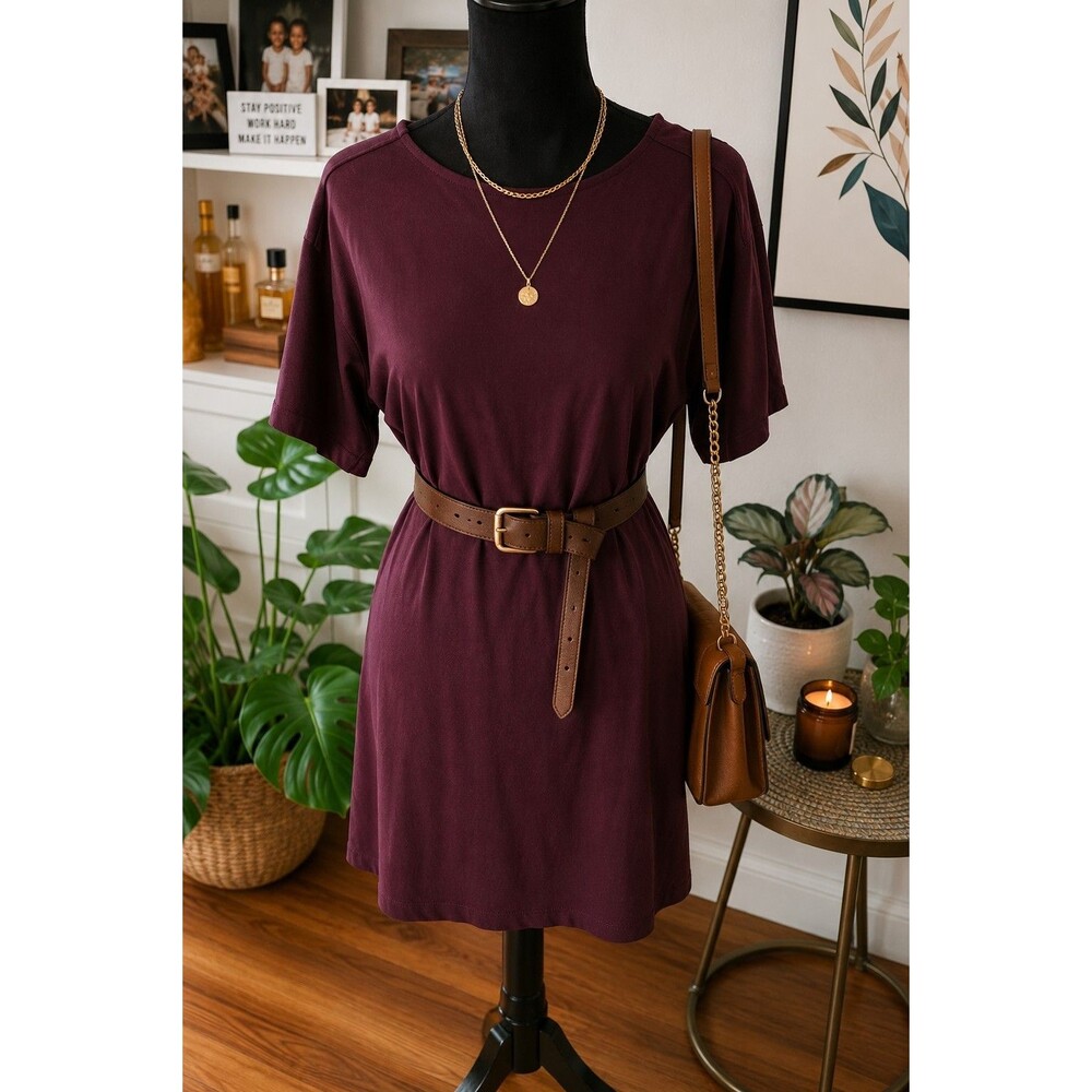Express Women's Burgundy Solid Romper One-Piece Short Sleeve Round Neck Belted M